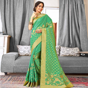 Groovy Turquoise Green Colored Festive Wear Woven Silk Saree