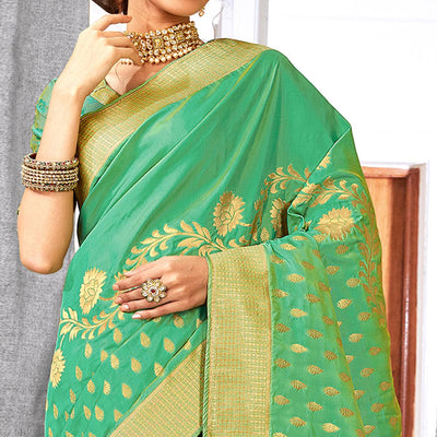Groovy Turquoise Green Colored Festive Wear Woven Silk Saree