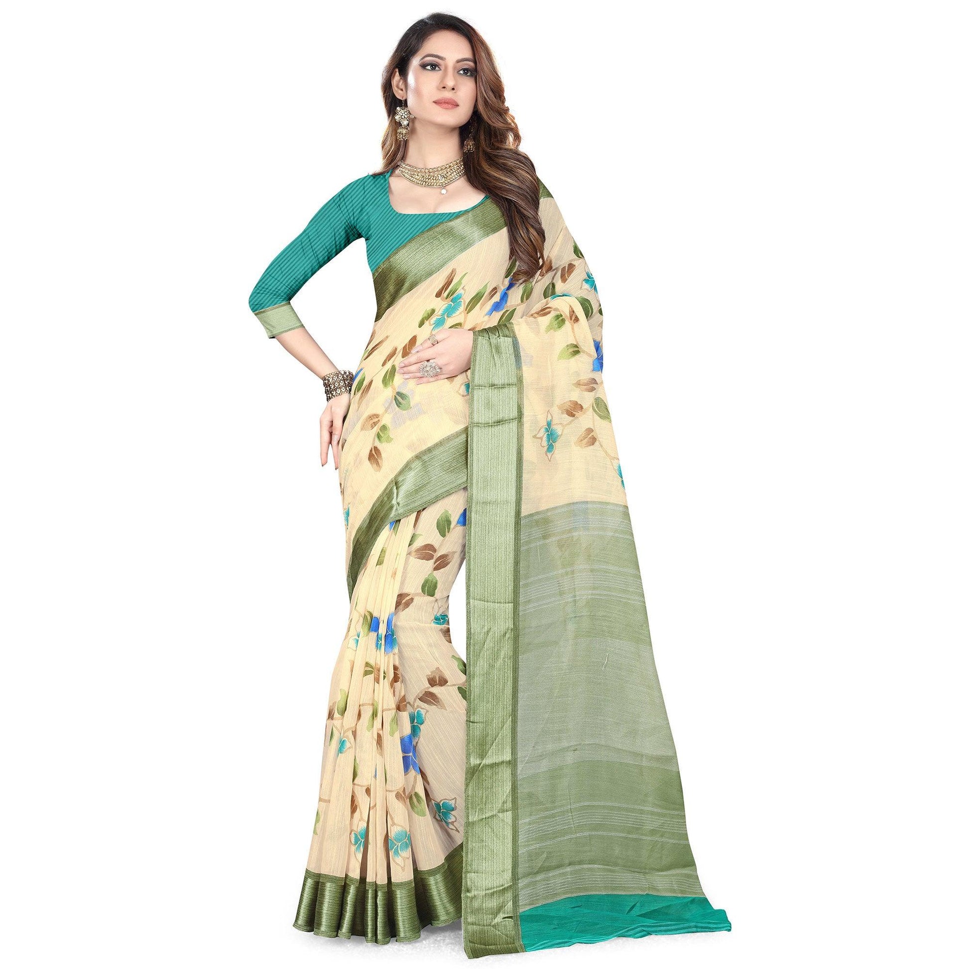 Groovy White-Green Colored Casual Wear Floral Printed Linen Saree