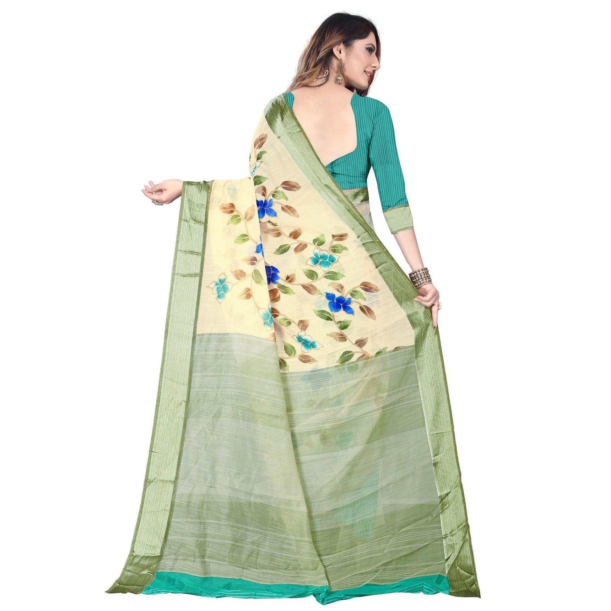 Groovy White-Green Colored Casual Wear Floral Printed Linen Saree