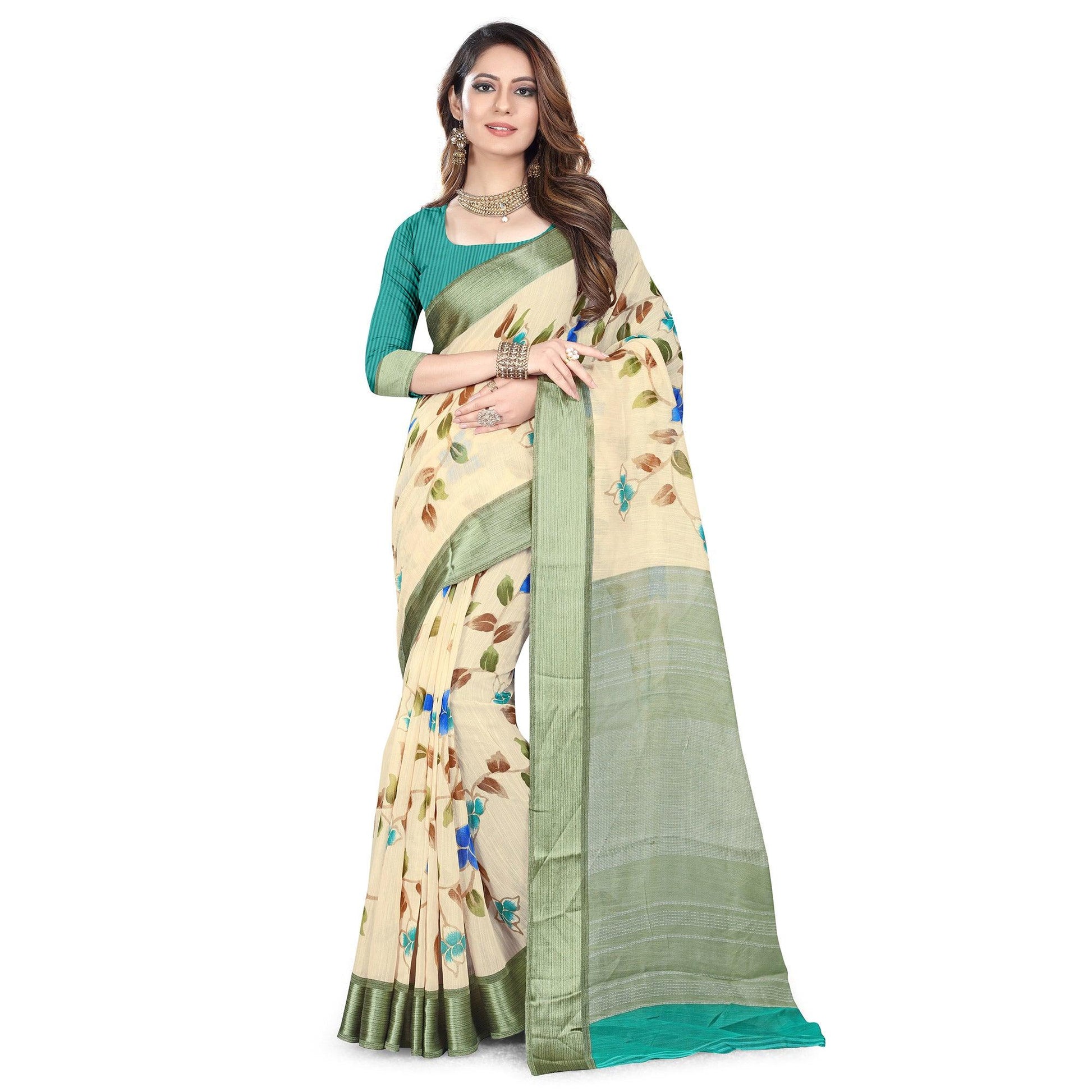 Groovy White-Green Colored Casual Wear Floral Printed Linen Saree