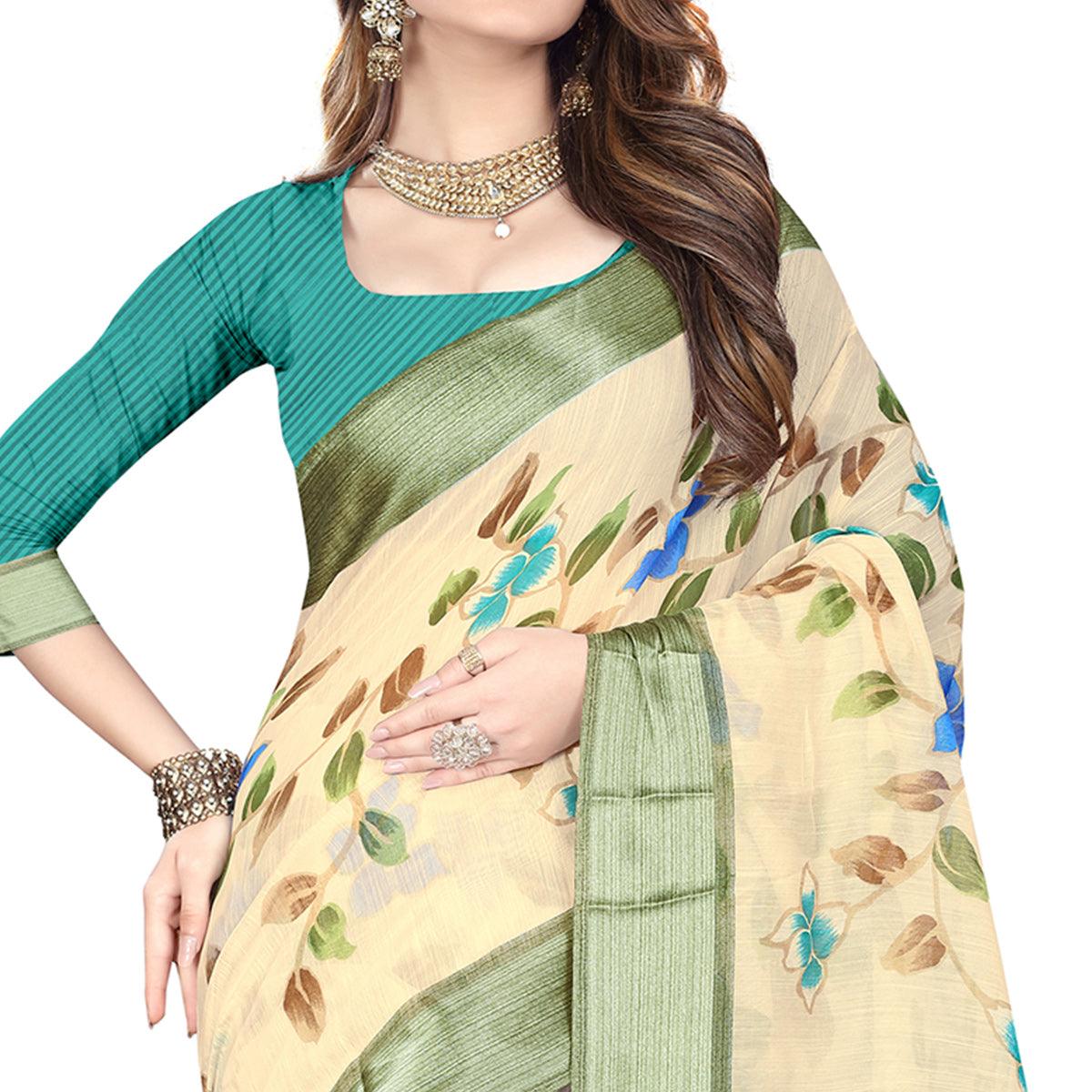 Groovy White-Green Colored Casual Wear Floral Printed Linen Saree