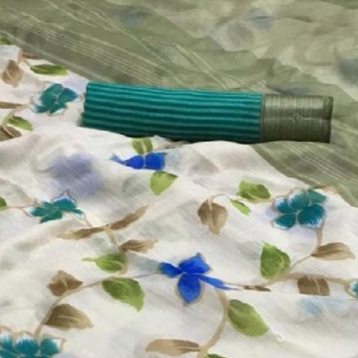 Groovy White-Green Colored Casual Wear Floral Printed Linen Saree