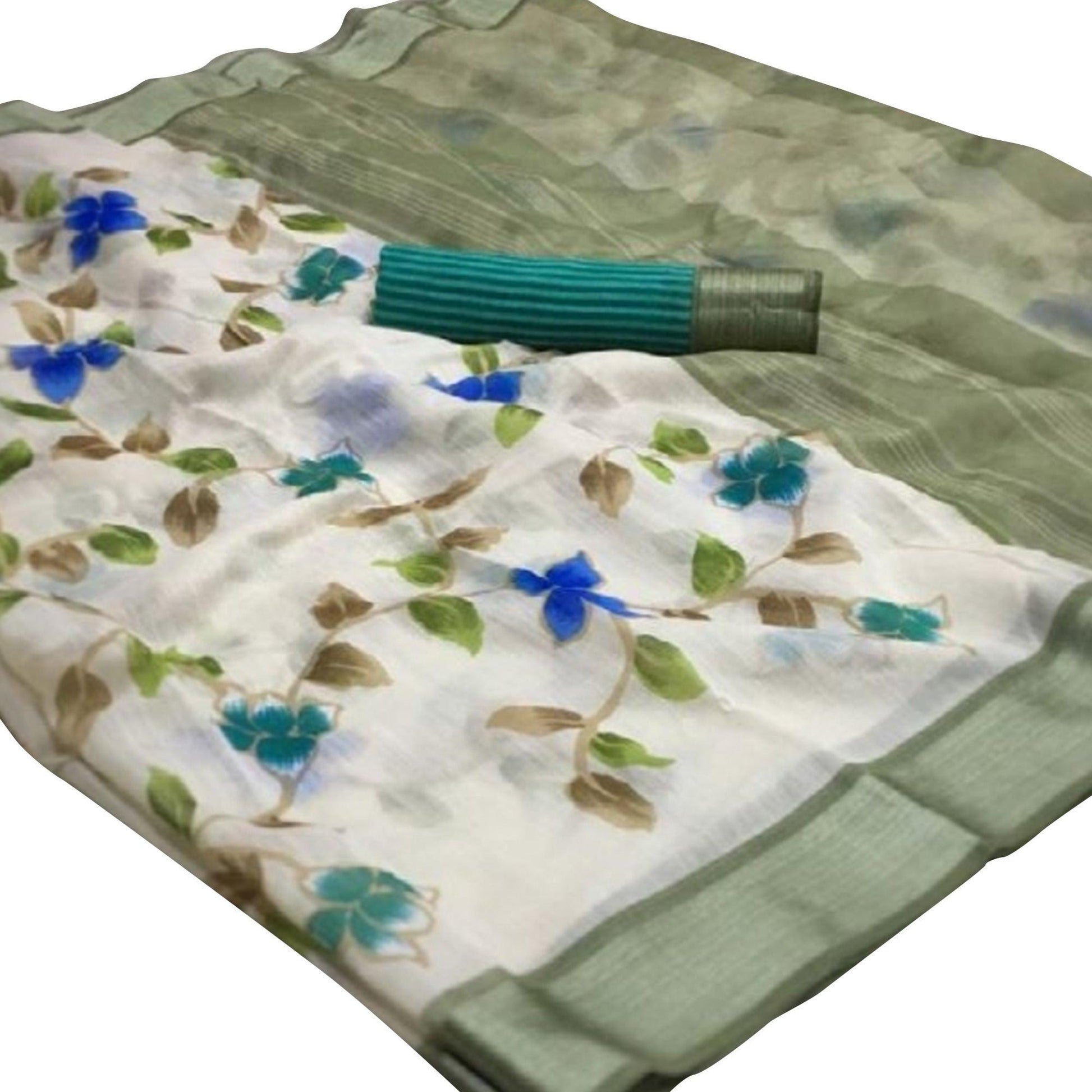 Groovy White-Green Colored Casual Wear Floral Printed Linen Saree