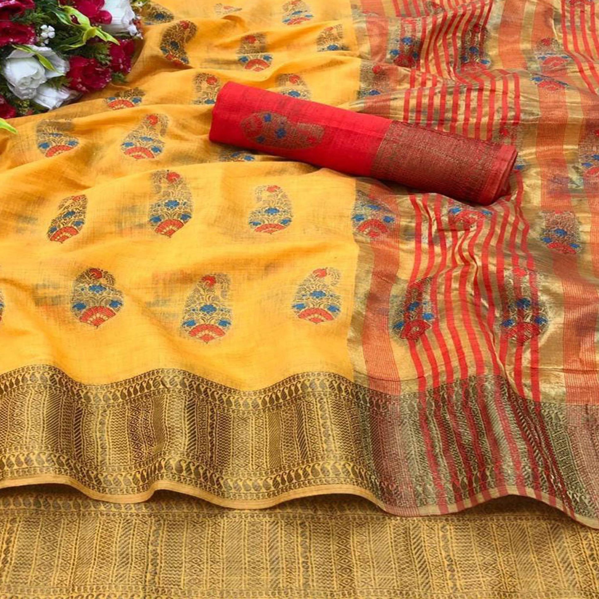 Groovy Yellow Colored Festive Wear Woven Tussar Silk Saree