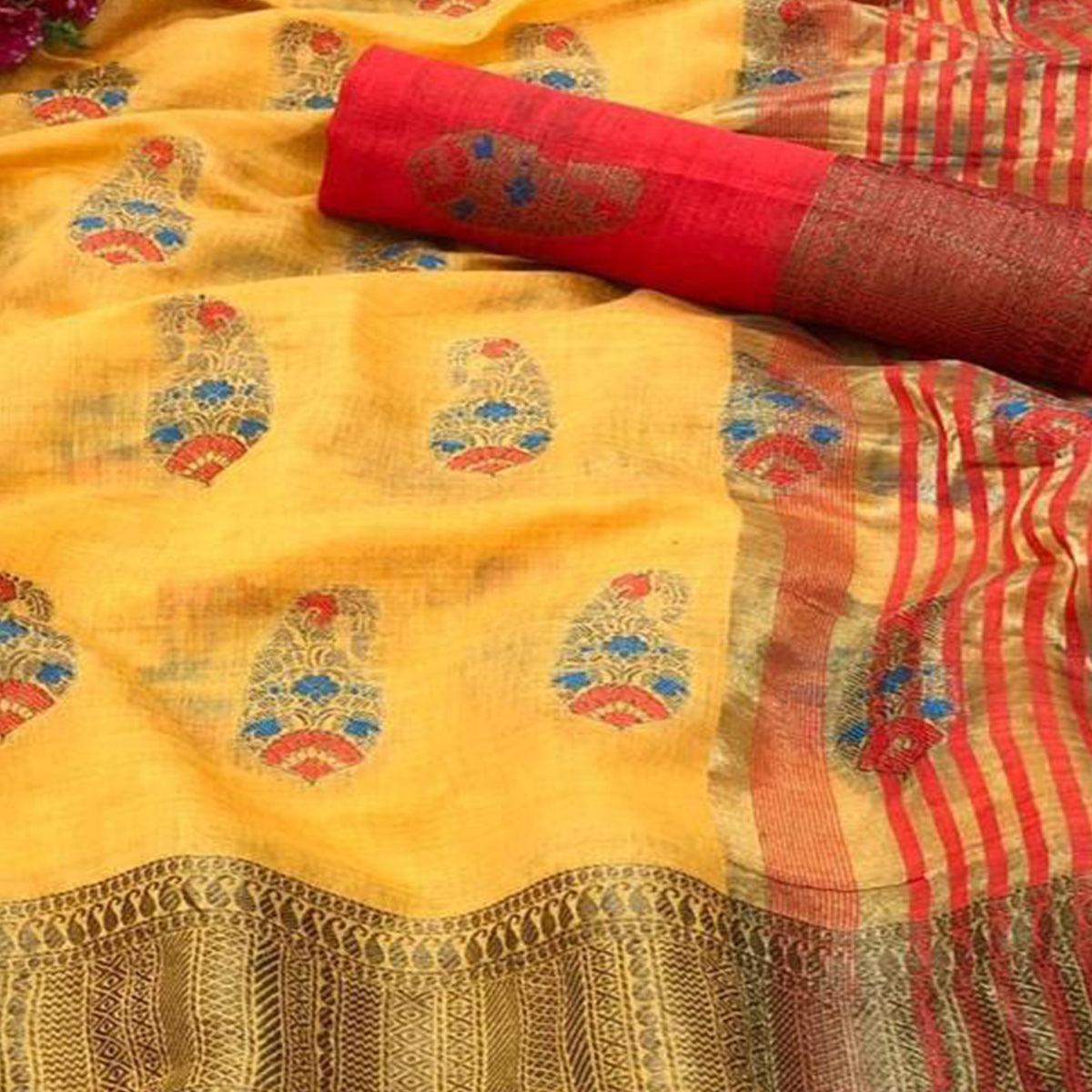 Groovy Yellow Colored Festive Wear Woven Tussar Silk Saree