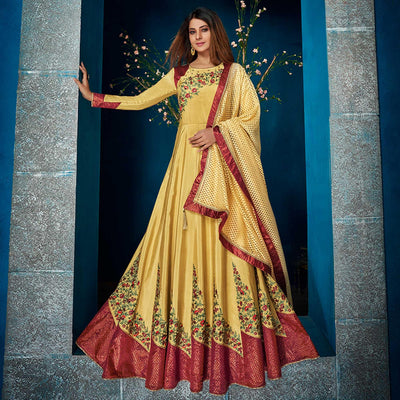 Groovy Yellow Colored Party Wear Floral Embroidered Satin Silk Anarkali Suit