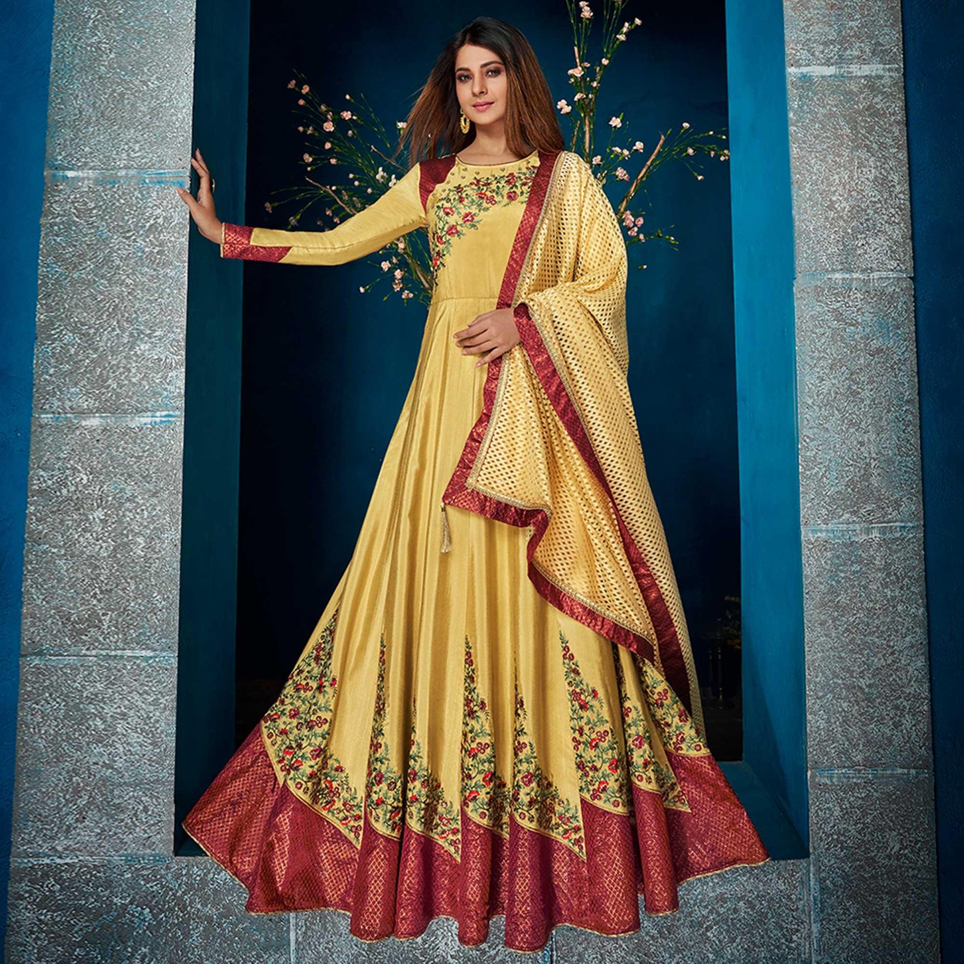 Groovy Yellow Colored Party Wear Floral Embroidered Satin Silk Anarkali Suit