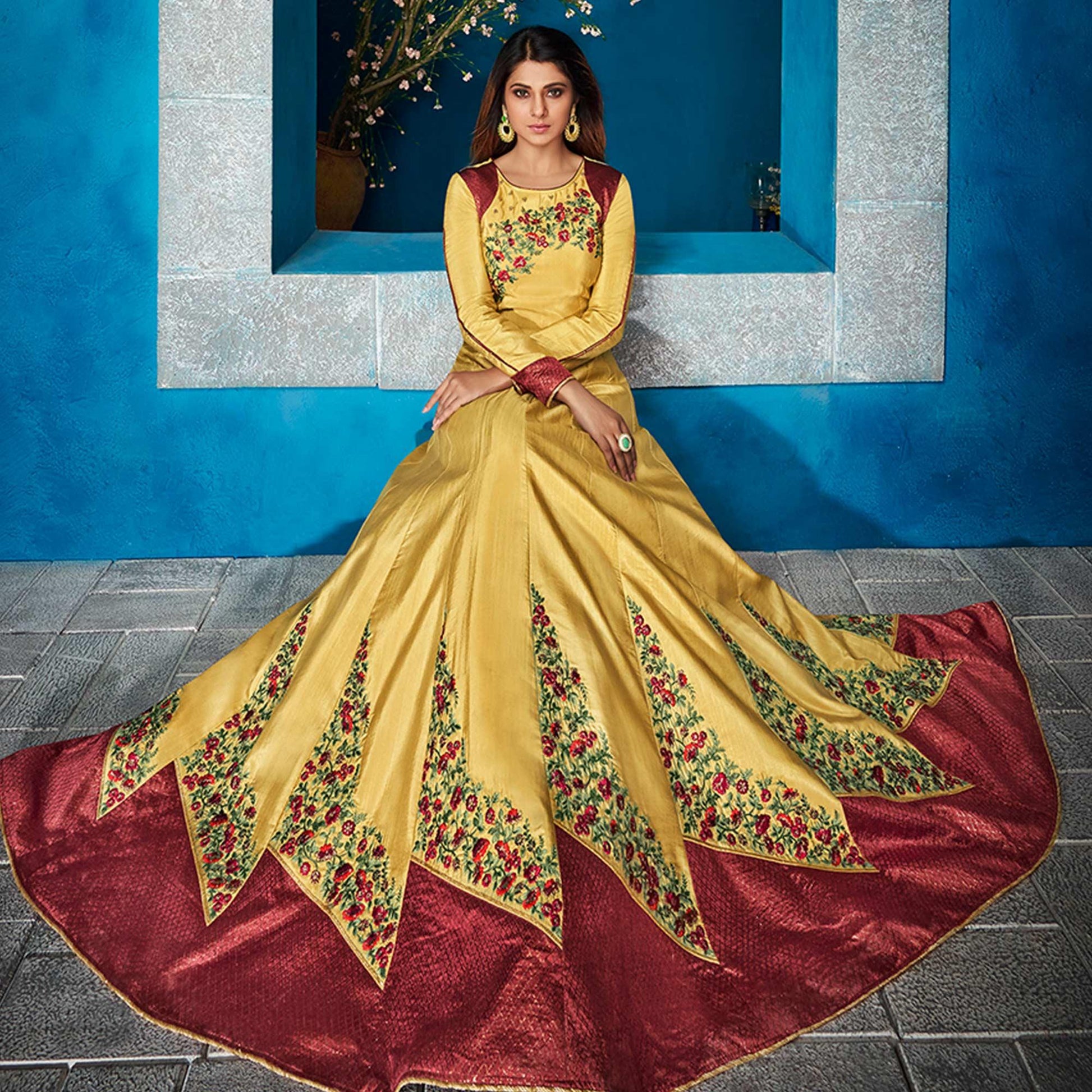 Groovy Yellow Colored Party Wear Floral Embroidered Satin Silk Anarkali Suit