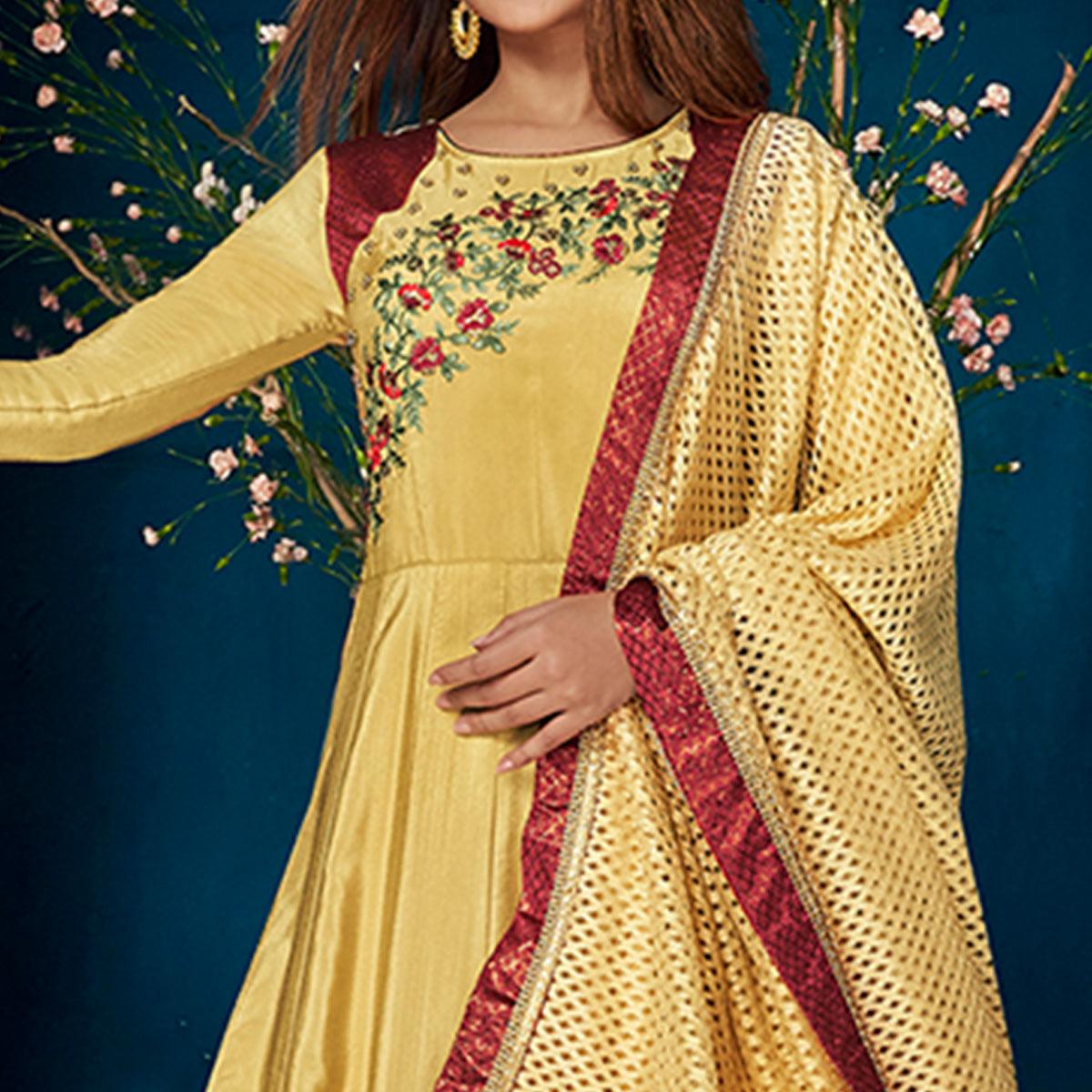 Groovy Yellow Colored Party Wear Floral Embroidered Satin Silk Anarkali Suit