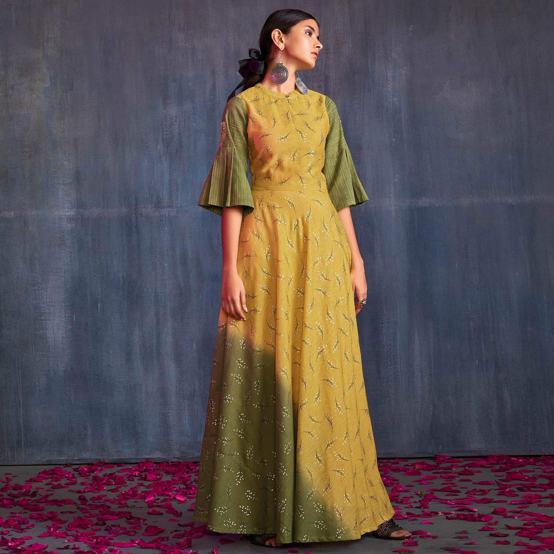 Groovy Yellow-Green Colored Partywear Embroidered Viscose Gown
