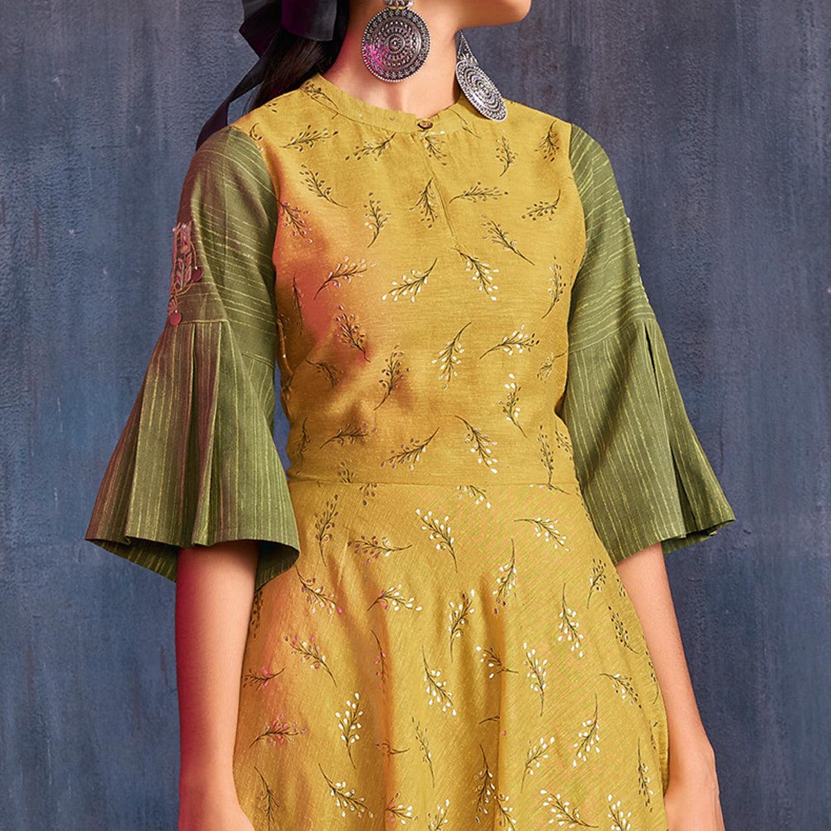 Groovy Yellow-Green Colored Partywear Embroidered Viscose Gown