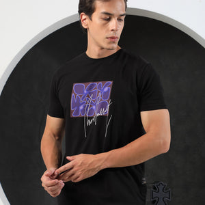 Rare Rabbit Men's Fulton Black Crew Neck Abstract Graphic Print With Branding Half Sleeves Regular Fit T-Shirt