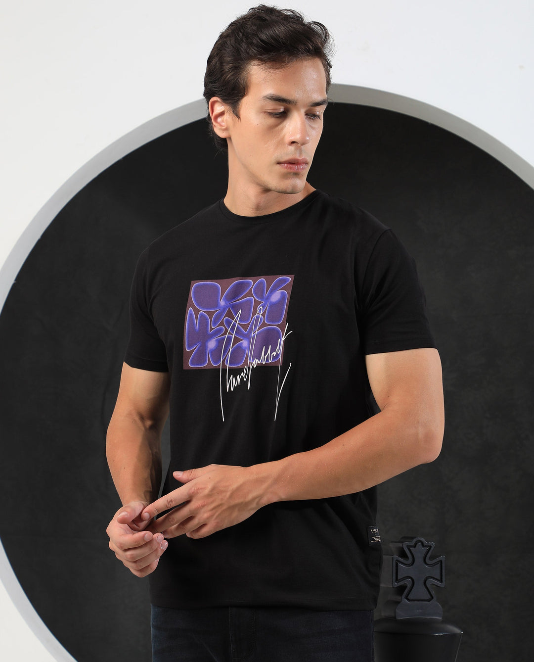 Rare Rabbit Men's Fulton Black Crew Neck Abstract Graphic Print With Branding Half Sleeves Regular Fit T-Shirt