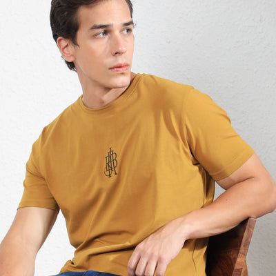 Rare Rabbit Men's Ware Mustard Cotton Lycra Fabric Crew Neck Half Sleeves Regular Fit Embroidered Monogram T-Shirt