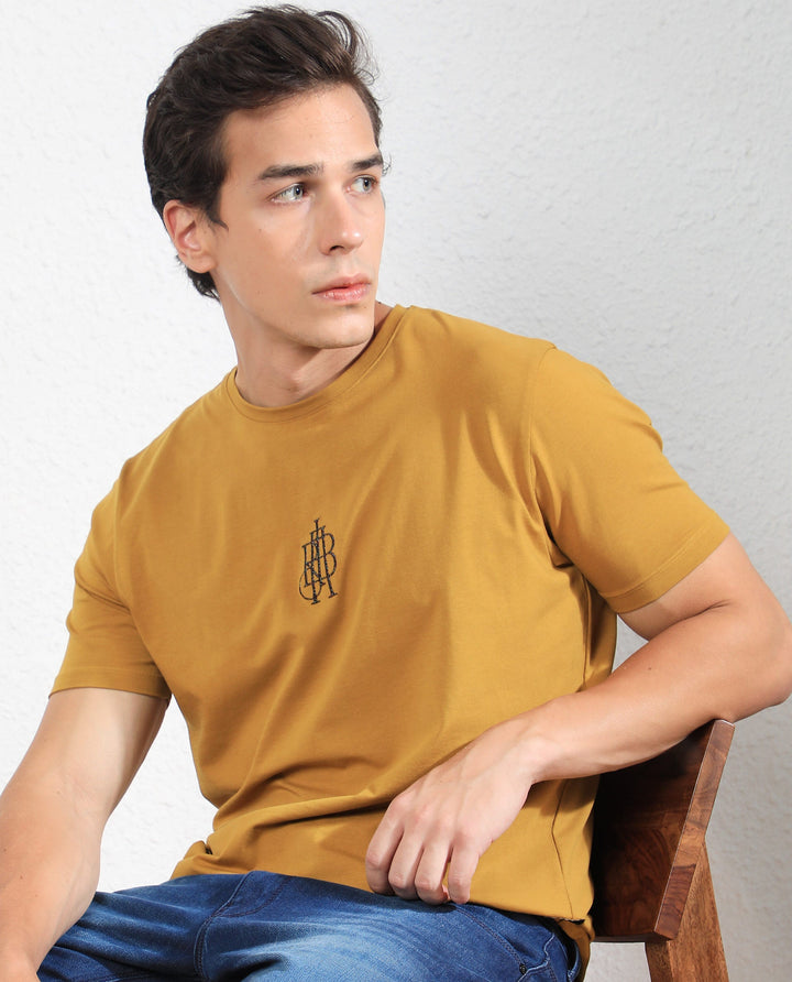 Rare Rabbit Men's Ware Mustard Cotton Lycra Fabric Crew Neck Half Sleeves Regular Fit Embroidered Monogram T-Shirt