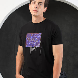 Rare Rabbit Men's Fulton Black Crew Neck Abstract Graphic Print With Branding Half Sleeves Regular Fit T-Shirt