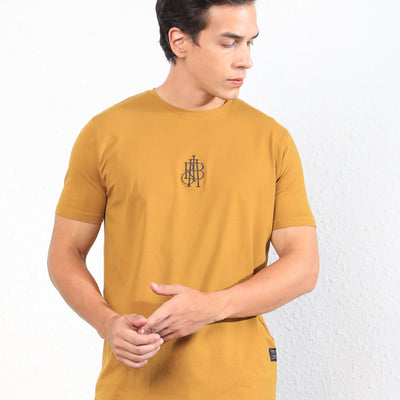 Rare Rabbit Men's Ware Mustard Cotton Lycra Fabric Crew Neck Half Sleeves Regular Fit Embroidered Monogram T-Shirt
