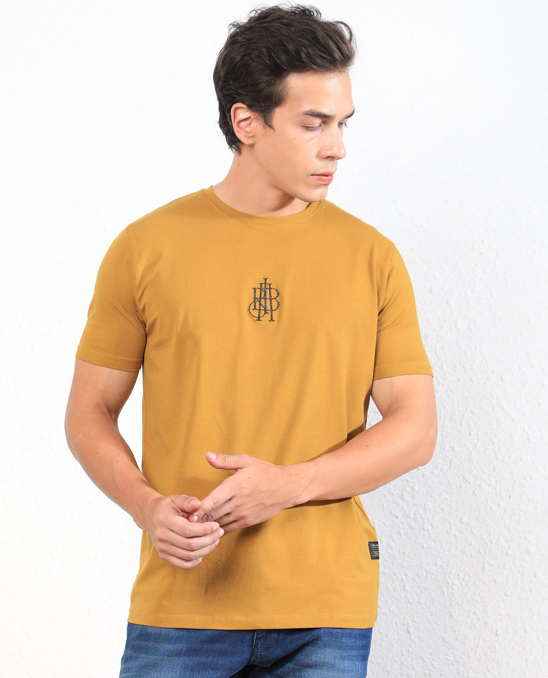 Rare Rabbit Men's Ware Mustard Cotton Lycra Fabric Crew Neck Half Sleeves Regular Fit Embroidered Monogram T-Shirt