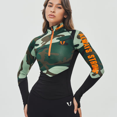 Half Zip Long Sleeve Top - Green Camo