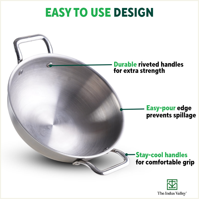 TurboCuk Tri-ply Stainless Steel Kadai, Premium Quality, 3 Layer Thick Body, 100% Toxin-free, Non-stick, Induction & Gas, Free ₹110 Spatula, 1.7/2.7/4L