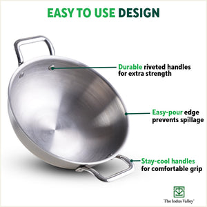 TurboCuk Tri-ply Stainless Steel Kadai+ Glass Lid, Premium Quality, 3 Layer Thick Body, 100% Toxin-free, Non-stick, Induction & Gas, 1.7/2.7/4L