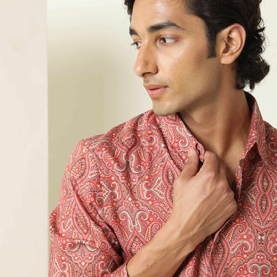 Rare Rabbit Men's Moire Red Cotton Fabric Paisley Print Full Sleeves Shirt