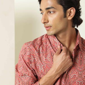 Rare Rabbit Men's Moire Red Cotton Fabric Paisley Print Full Sleeves Shirt