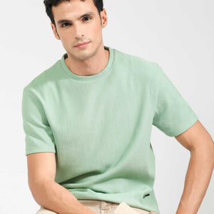 Rare Rabbit Men's Bree Dusky Green Crew Neck Ottoman Textured Drop Shoulder Half Sleeves Oversized Fit T-Shirt