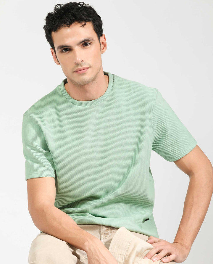 Rare Rabbit Men's Bree Dusky Green Crew Neck Ottoman Textured Drop Shoulder Half Sleeves Oversized Fit T-Shirt