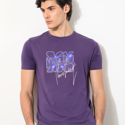 Rare Rabbit Men's Fulton Purple Crew Neck Abstract Graphic Print With Branding Half Sleeves Regular Fit T-Shirt