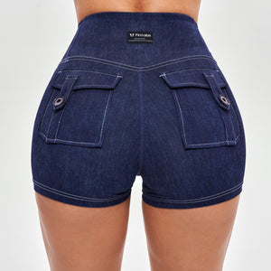 High Waist Cargo Shorts - Denim Blue