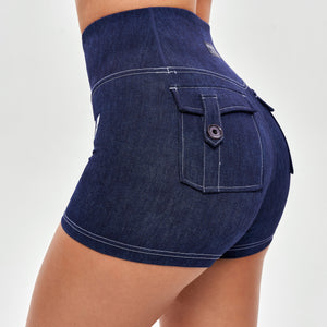 High Waist Cargo Shorts - Denim Blue