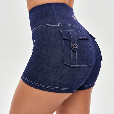 High Waist Cargo Shorts - Denim Blue