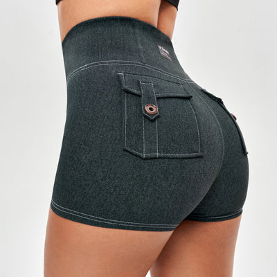 High Waist Cargo Shorts - Denim Green