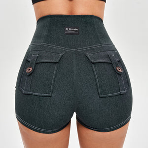 High Waist Cargo Shorts - Denim Green