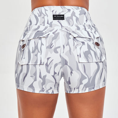 High Waist Cargo Shorts - White Camo