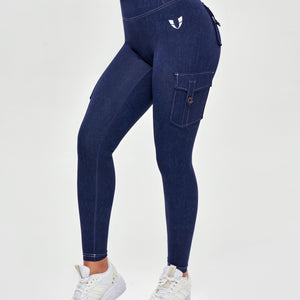 High Waisted Cargo Leggings - Denim Blue