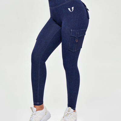 High Waisted Cargo Leggings - Denim Blue