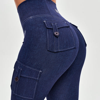High Waisted Cargo Leggings - Denim Blue