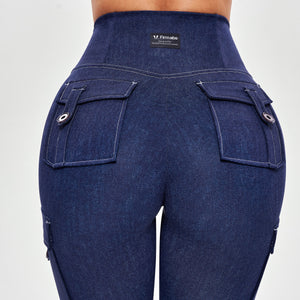High Waisted Cargo Leggings - Denim Blue
