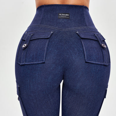 High Waisted Cargo Leggings - Denim Blue