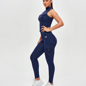 High Waisted Cargo Leggings - Denim Blue