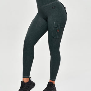 High Waisted Cargo Leggings - Denim Green