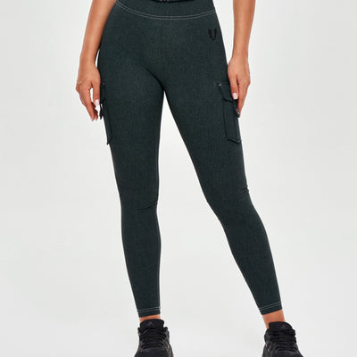 High Waisted Cargo Leggings - Denim Green