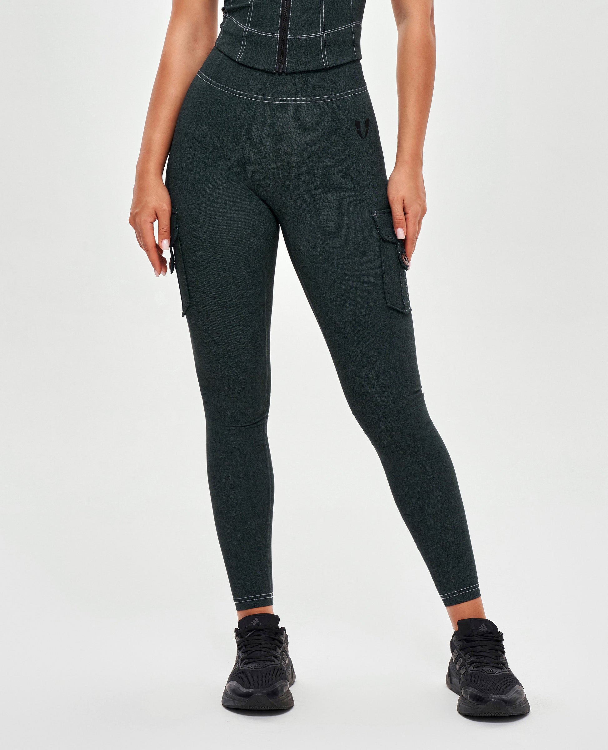 High Waisted Cargo Leggings - Denim Green