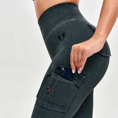 High Waisted Cargo Leggings - Denim Green