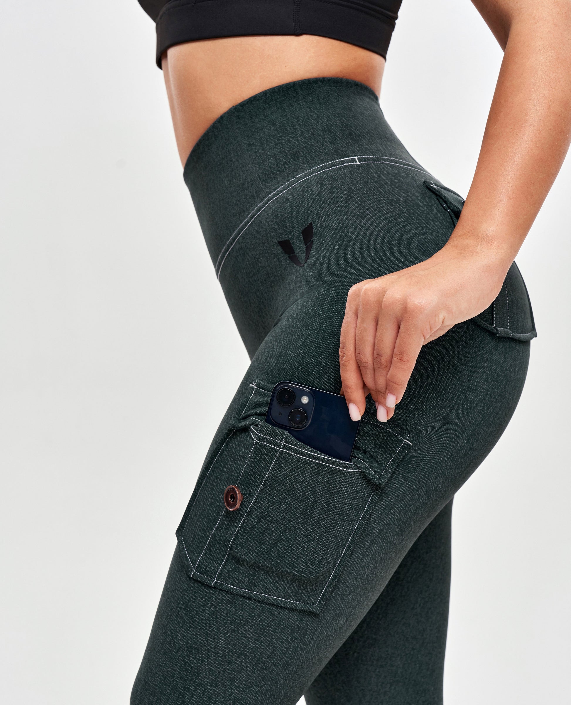 High Waisted Cargo Leggings - Denim Green