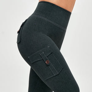 High Waisted Cargo Leggings - Denim Green