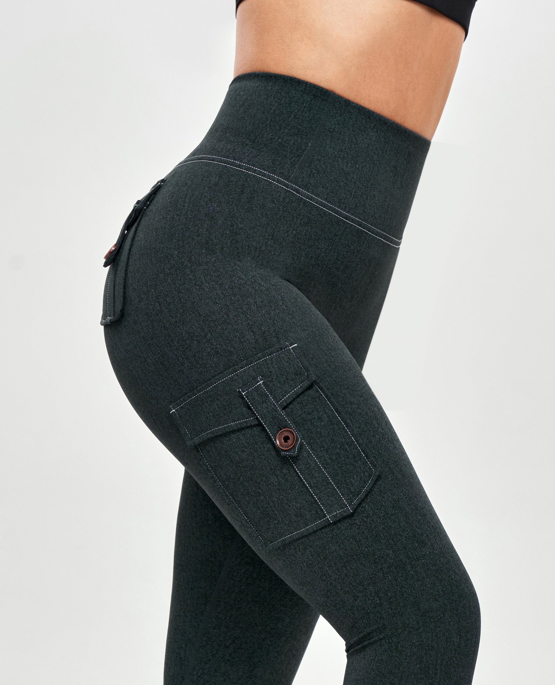 High Waisted Cargo Leggings - Denim Green